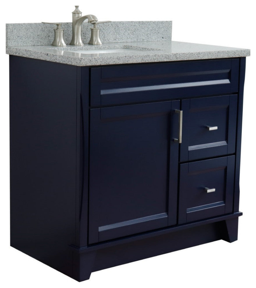 37" Single Sink Vanity, Blue Finish With Gray Granite And Left Door/Left Sink