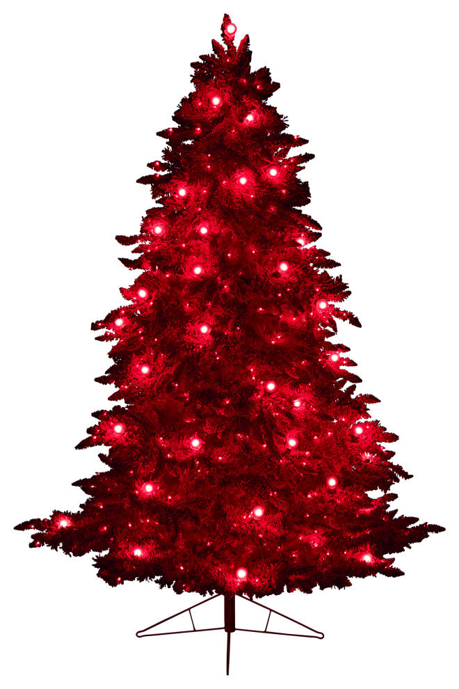 8' Red Flocked Fraser Fir Faux Xmas Tree W/Red Lights, Bulbs & Bendable Branches