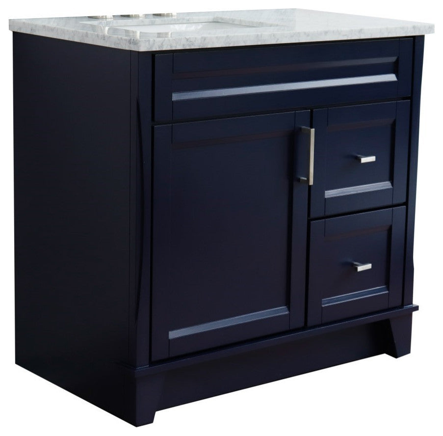 37" Single Sink Vanity, Blue Finish With White Carrara Marble