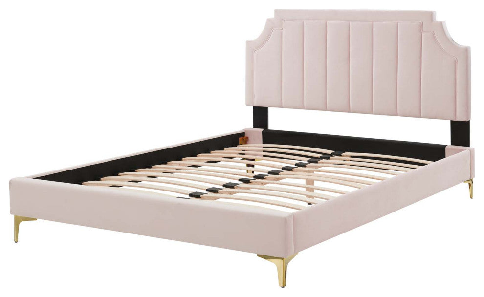 Platform Bed Frame, Queen Size, Velvet, Pink, Modern Contemporary, Bedroom