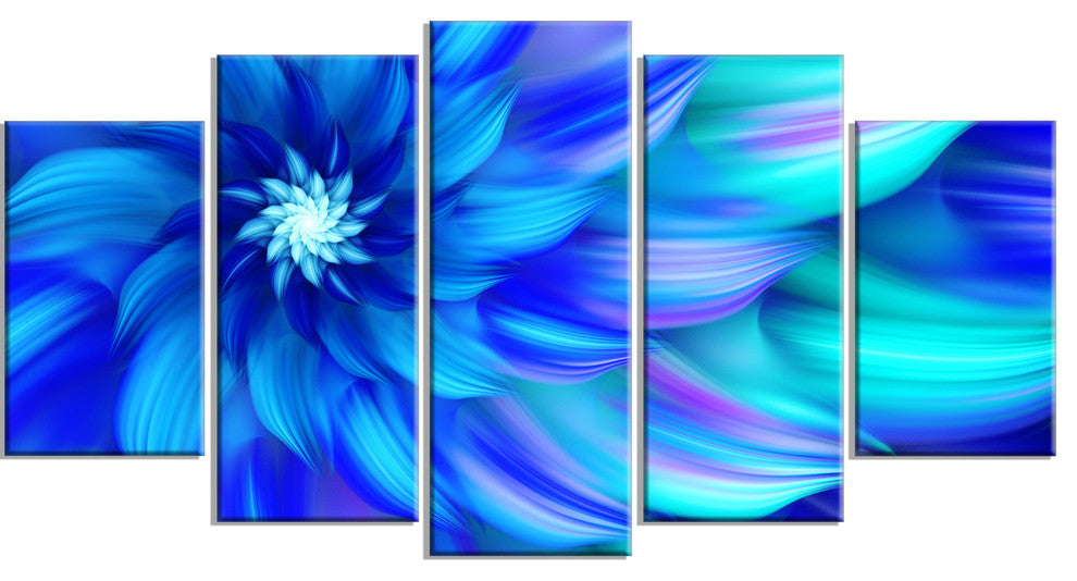 Massive Blue Fractal Flower, Large Floral Canvas Art Print, 60"x32", 5 Panels