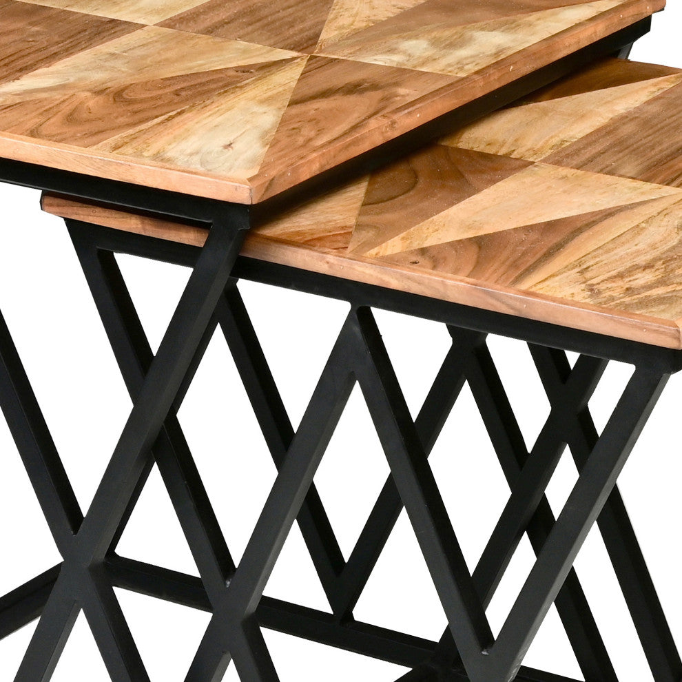Benzara UPT-271298 2 Piece Nesting End Table Set, Wood Top, Brown and Black