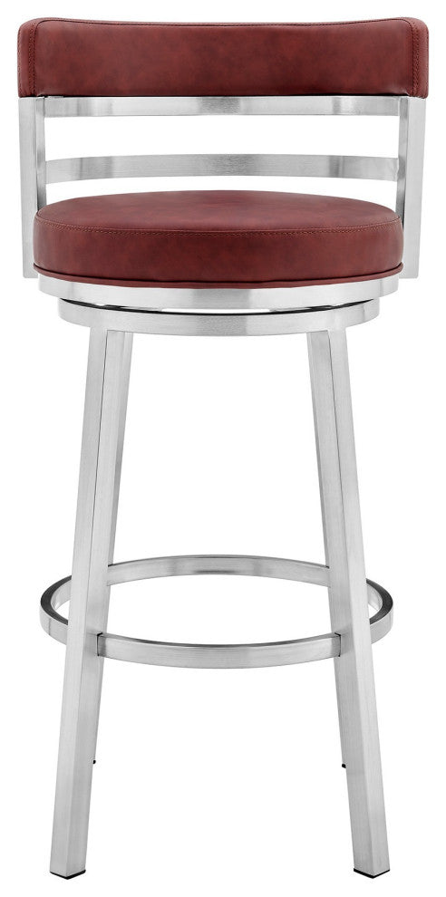 Benzara BM236762 30" Leatherette Counter Height Barstool, Silver and Red