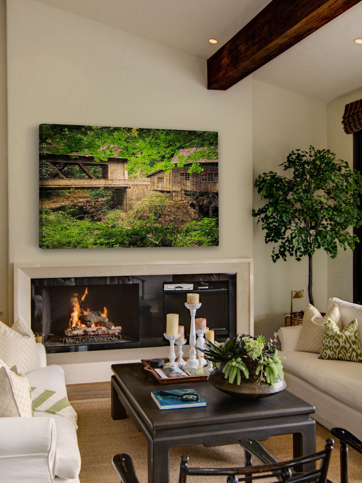 "Cedar Mill and Covered Bridge" Painting Print on Canvas