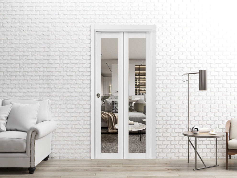 Bi-fold Doors 56 x 96 | Lucia 2666 White Silk Clear Glass | Sturdy Tracks