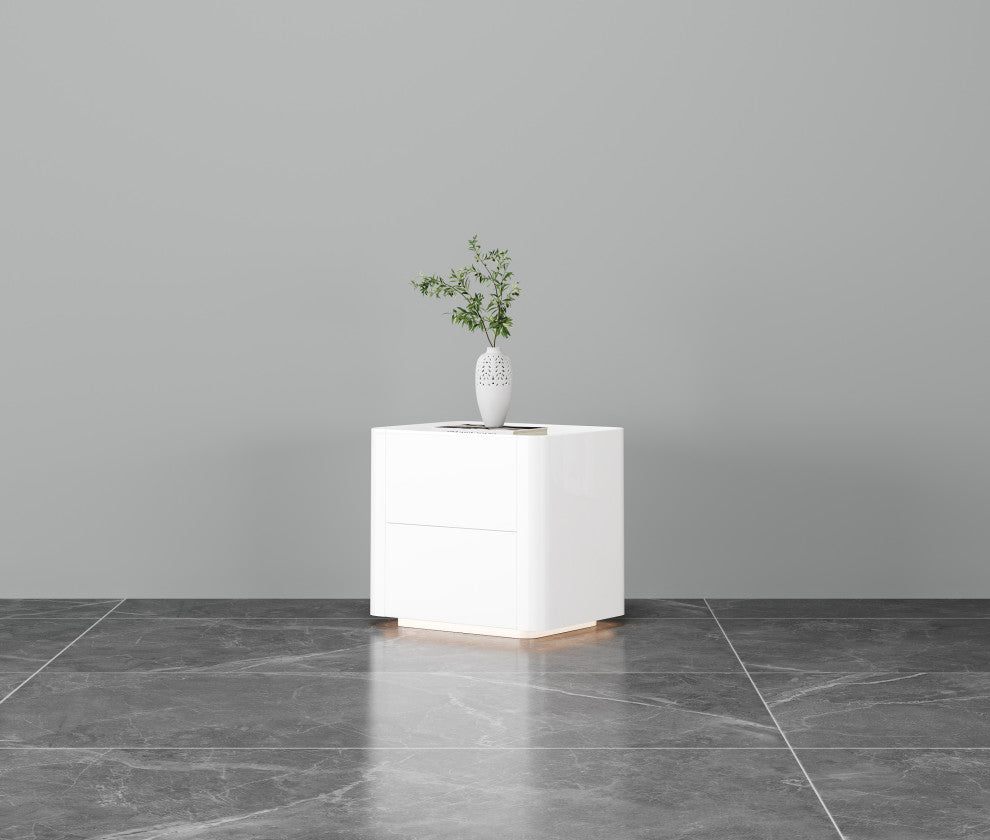 Modern Night Stand with Human Induction Atmosphere Lamp, White, No Wireless Charging