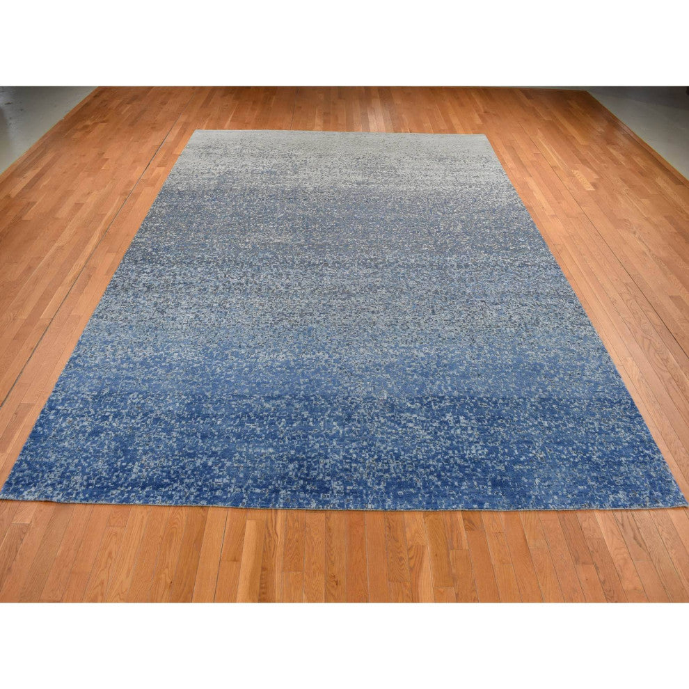 Yale Blue Wool and Silk Modern Gradation Design Hand Knotted Rug 10'x14'