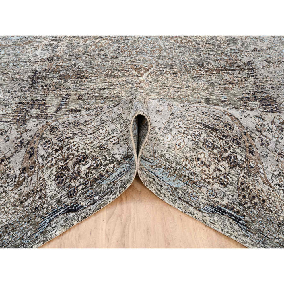 Gray, Hand Knotted, Modern, Silk with Textured Wool, Square Rug, 8'0" x 8'1"