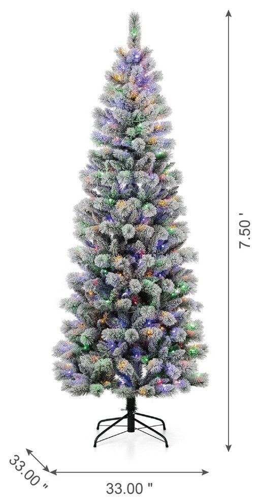 7.5ft Pre-Lit Flocked Pencil Pine Artificial Christmas Tree With 300 Warm Lights