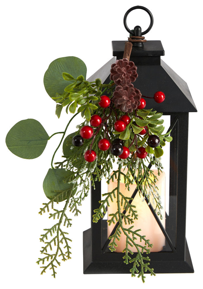 12" Holiday Metal Lantern Artificial Table Christmas Arrangement With LED Candle