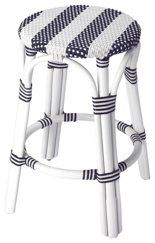 24" Blue and White Rattan Backless Counter Height Bar Chair