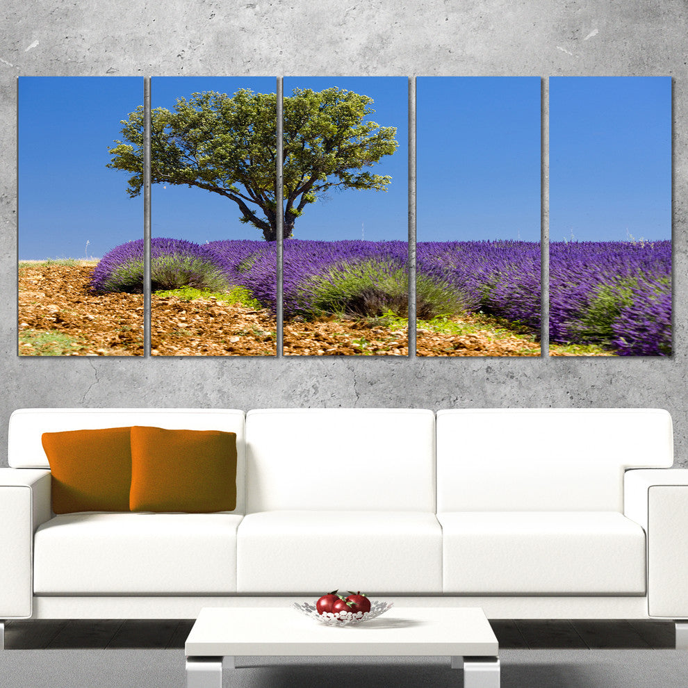 Lone Green Tree in Lavender Field, Large Landscape Canvas Art, 60"x28", 5 Panels