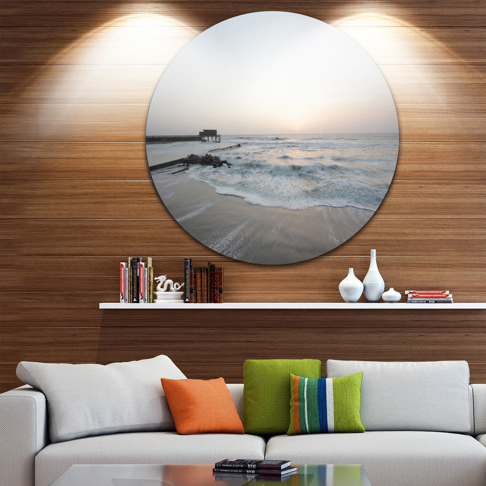 Serene Blue Beach With White Sun, Beach Round Metal Wall Art, 23"