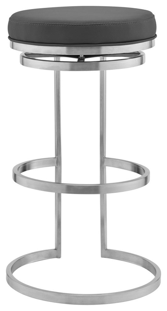 Benzara BM245974 26" Gray Leather and Brushed Stainless Steel Swivel Bar Stool