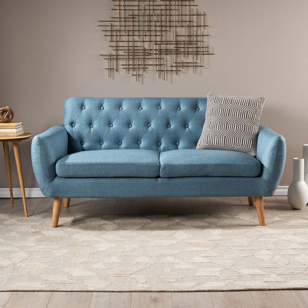GDF Studio Eunice Petite Mid Century Modern Tufted Fabric Sofa, Blue