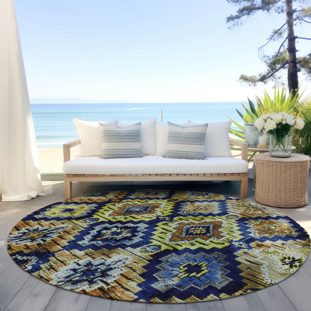 Machine Washable Indoor/Outdoor Chantille ACN1891 Navy 8' x 8' Round Rug