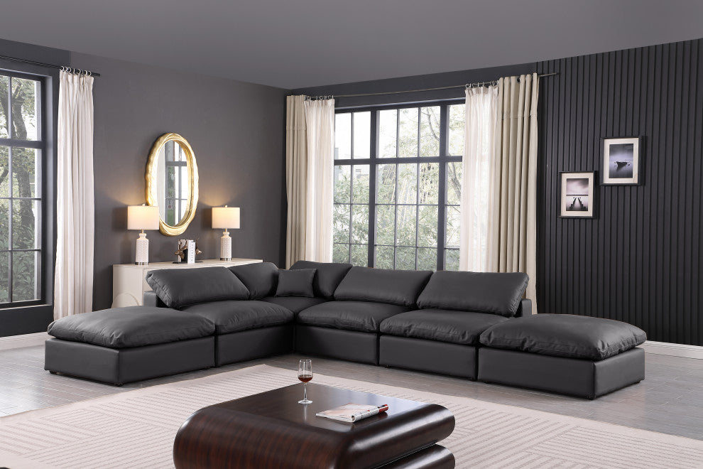 Comfy Upholstered L-Shaped Modular Sectional, Black, 6-Piece: 3 Armless Chair, 1 Corner Chair, 2 Ottoman, Vegan Leather