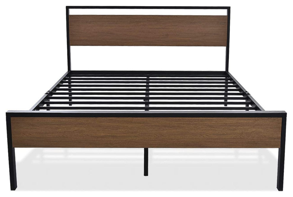 14 Inch Queen Size Metal Platform Bed Frame with Wooden Headboard and Footboard