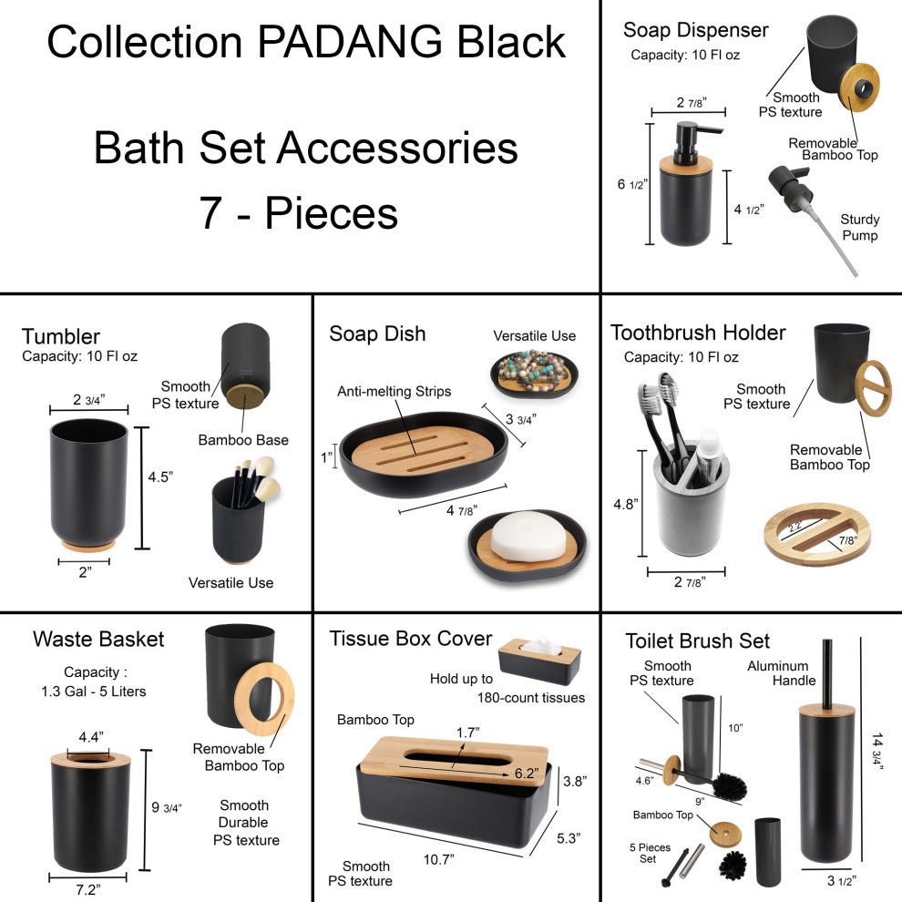 Black Padang Bathroom Accessory Set, 7 Piece, Bamboo