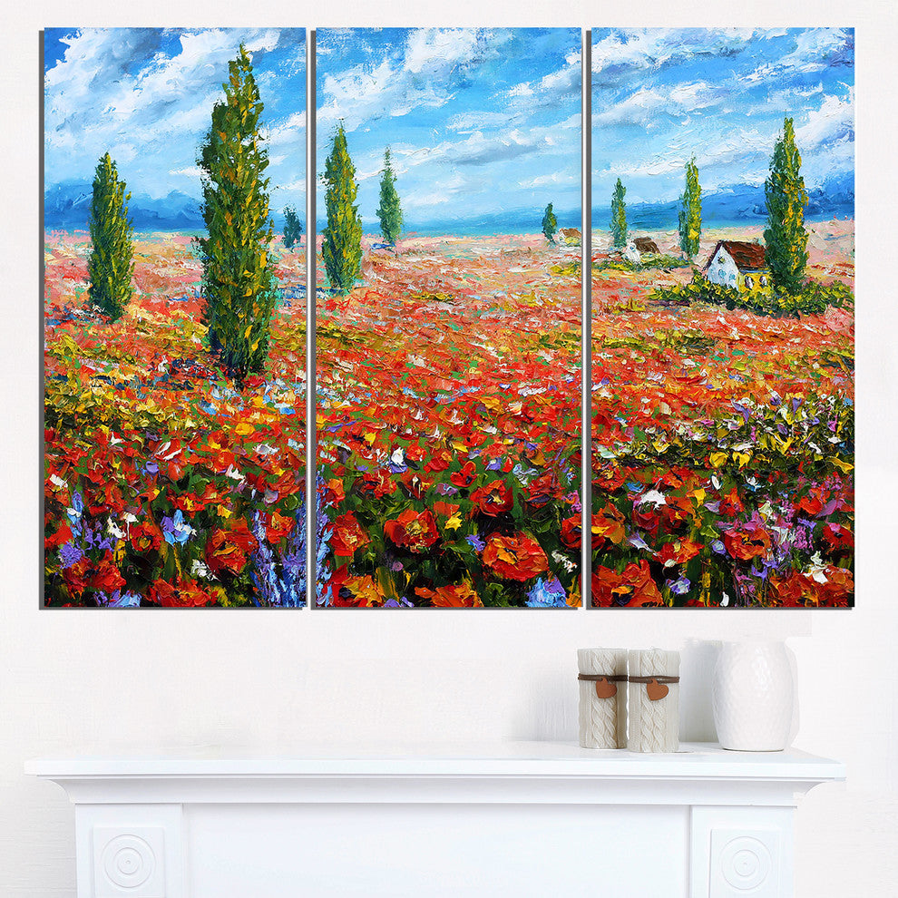 "Red Poppies Field Watercolor" Metal Wall Art, 3 Panels, 36"x28"