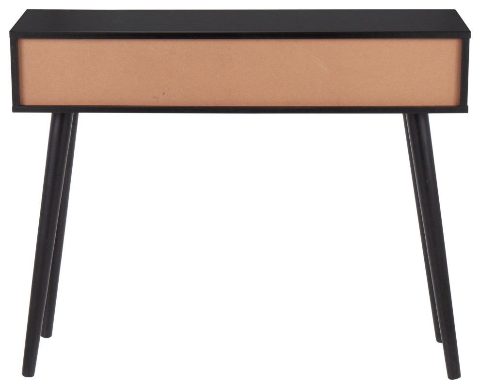 Bora Bora Contemporary Console Table, Black Wood With Rattan Accents