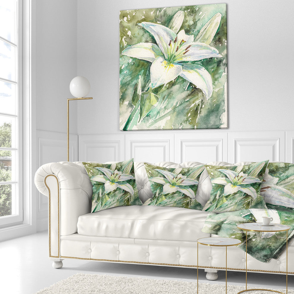Large White Lily Painting Floral Throw Pillow, 16"x16"