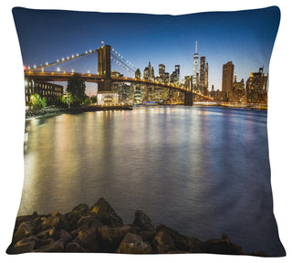 Distant View of Brooklyn Bridge Cityscape Throw Pillow, 16"x16"