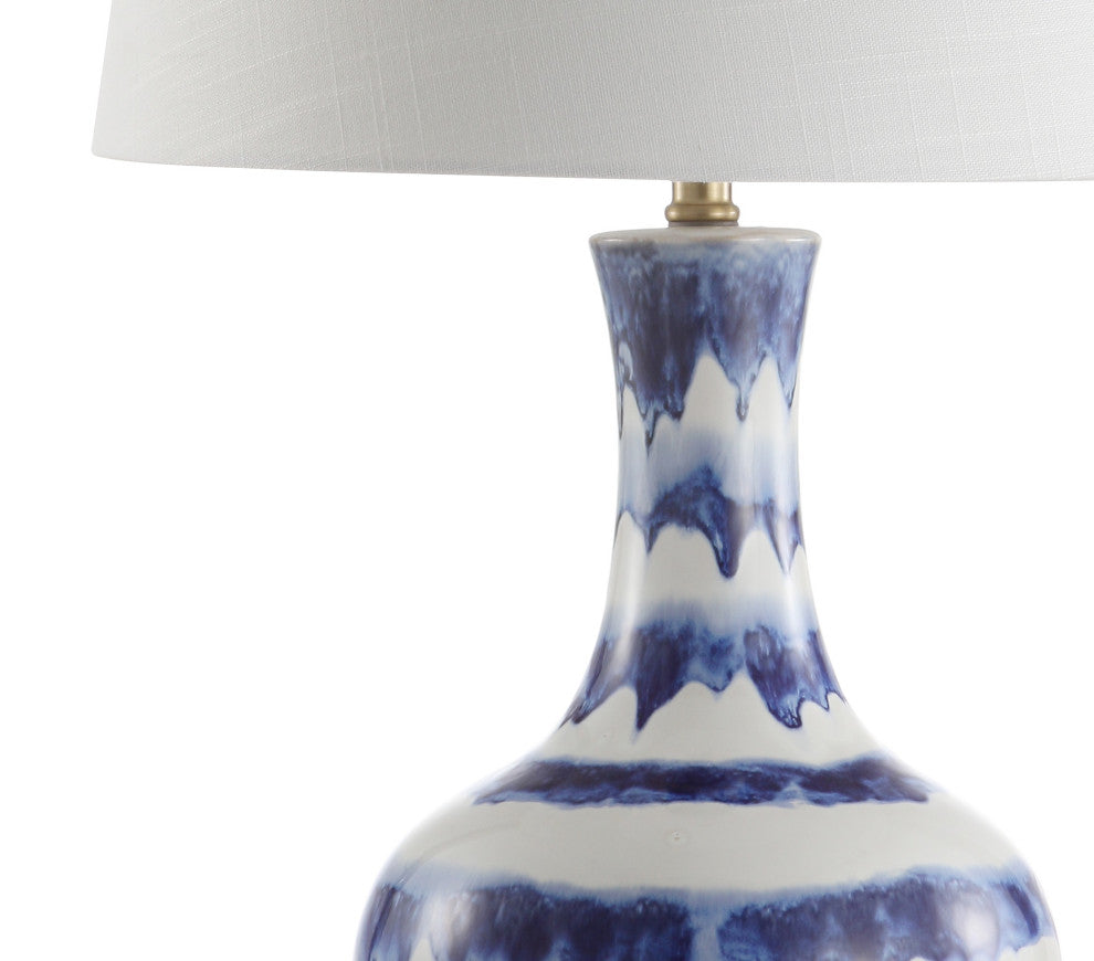 Tucker 30.5" Striped Ceramic and Metal LED Table Lamp, Blue, White