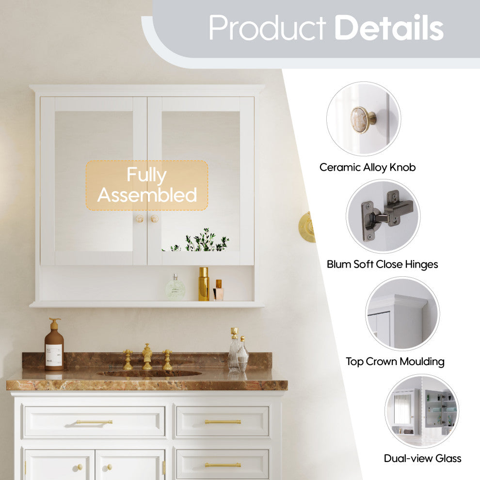Handmade Wall-Mounted Medicine Cabinet, White, 36"x34", Double Doors