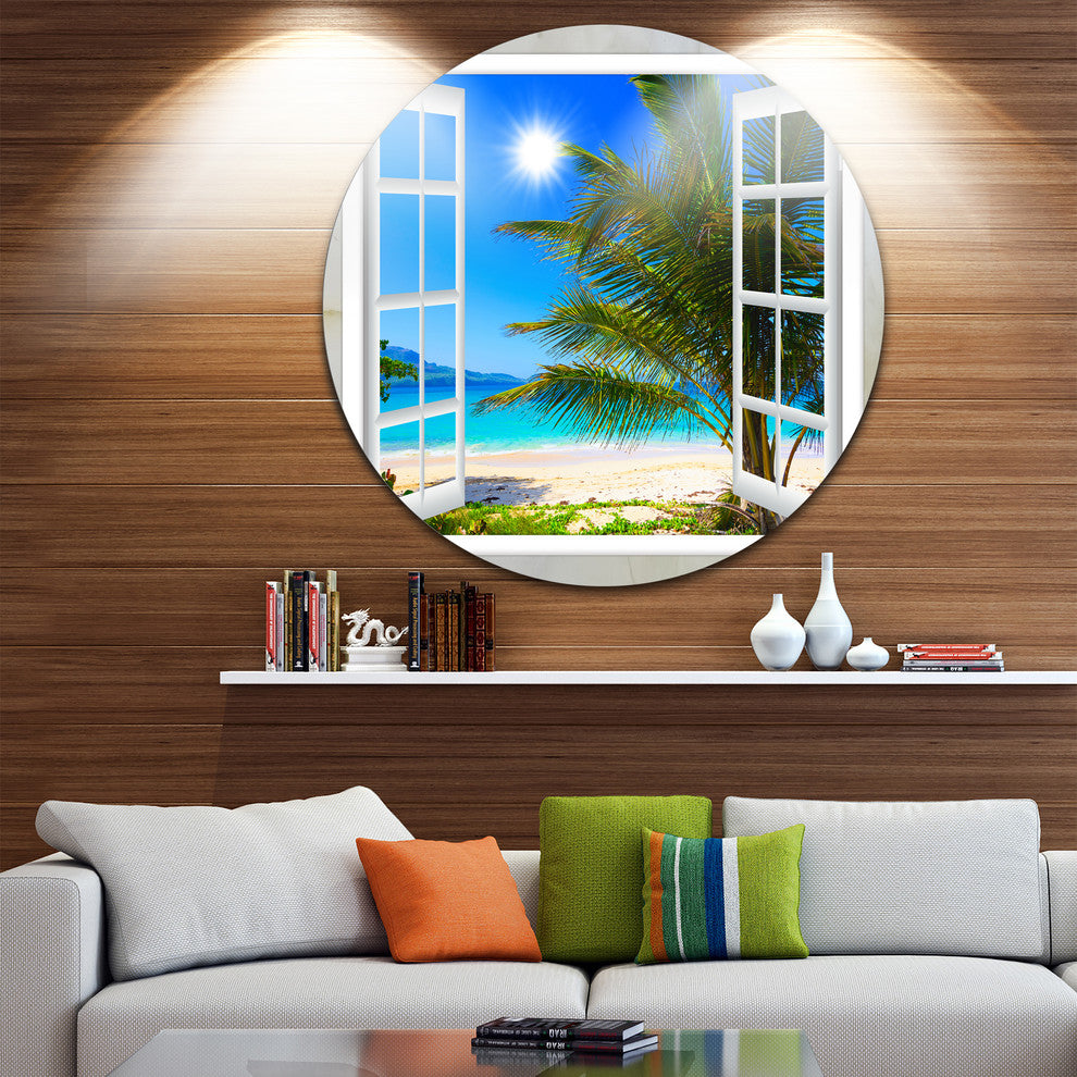 Window Open To Beach With Palm, Seashore Round Wall Art, 11"