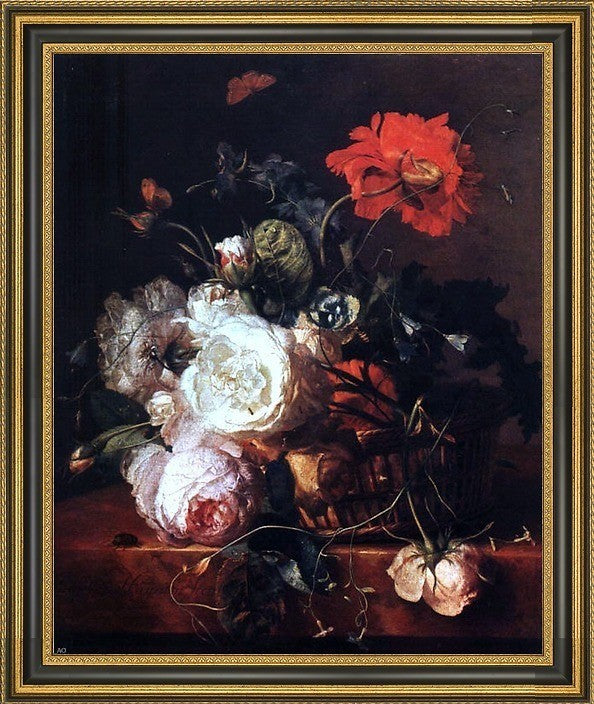 Jan Van Huysum Basket of Flowers Framed Premium Canvas Print, 20"x25"