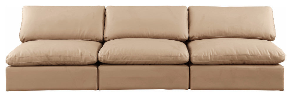 Comfy Upholstered Modular Sofa, Tan, 3-Piece: 3 Armless Chair, Vegan Leather