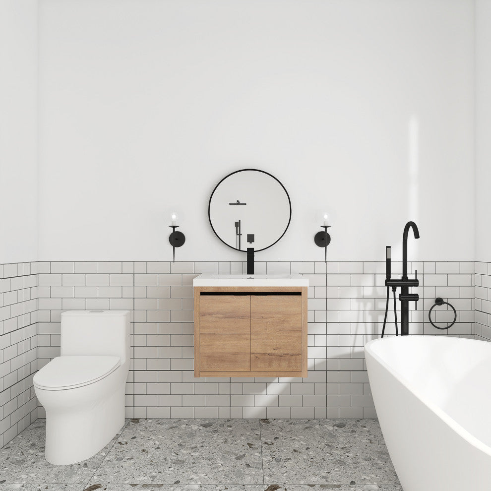 Bathroom Vanity With White Resin Top and Basin, Imitative Oak, 24x18