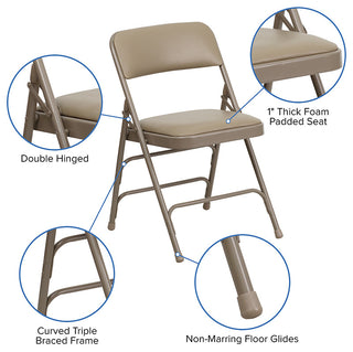 2 Pack HERCULES Curved Triple Braced & Double Hinged Folding Chairs, Beige Vinyl/Beige Frame