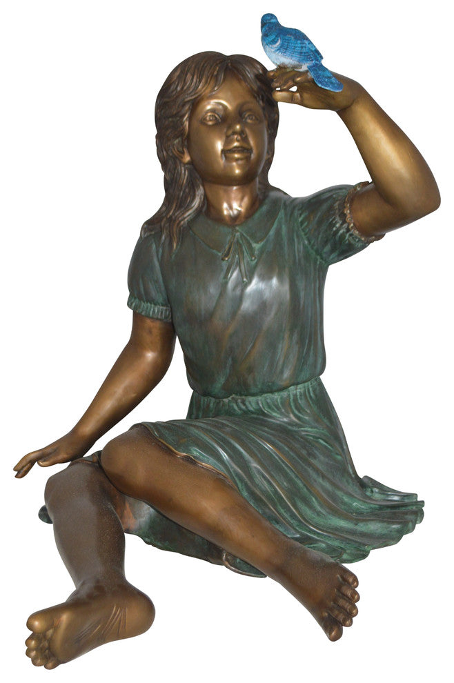 Girl with a Blue Sparrow Bronze Statue -  Size: 26"L x 31"W x 25"H.