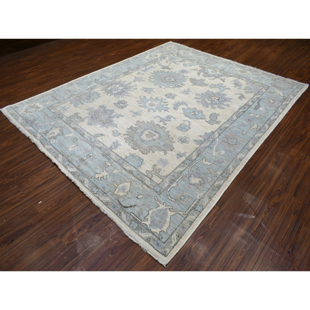 Ivory Hand Knotted Afghan Angora Oushak With Leaf Design Soft Wool Rug, 8'x9'9"