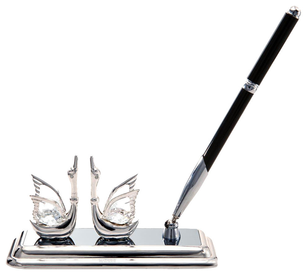 Silver Plated Executive Desk Set With Crystal Topped Pen And Silver Swans