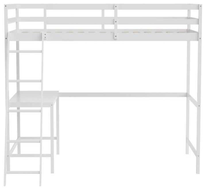 Riley Loft Bed Frame with Desk, Frame, Guard Rails & Ladder for Kids and Teens, White, Twin