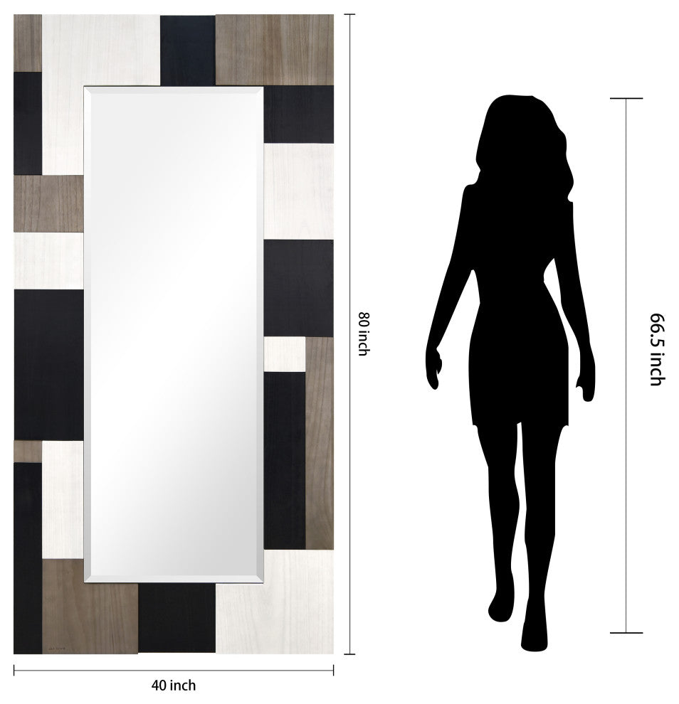 "Geometric Blocks" Hand Made Solid Paulownia Wood Beveled Leaner Mirror, 80"x40"
