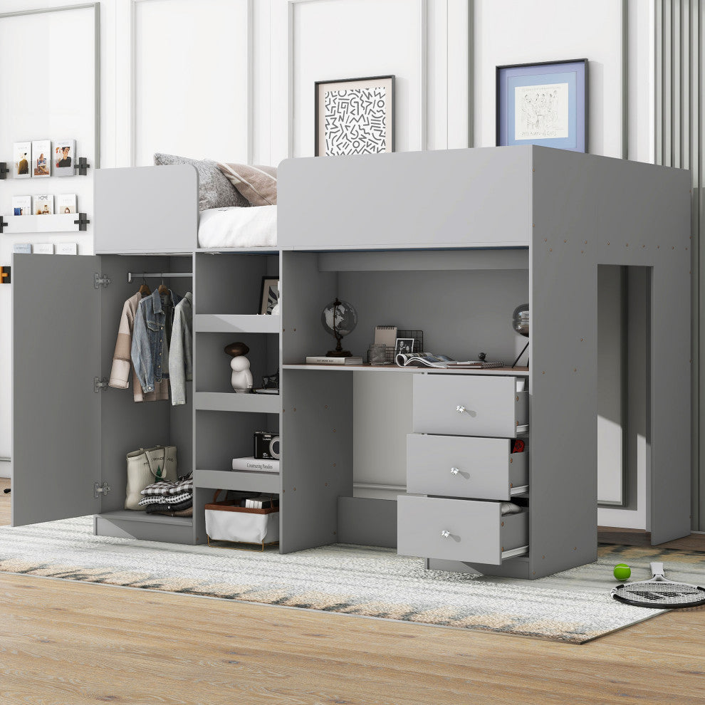 Gewnee Wood Full Size Loft Bed with Built-in Wardrobe