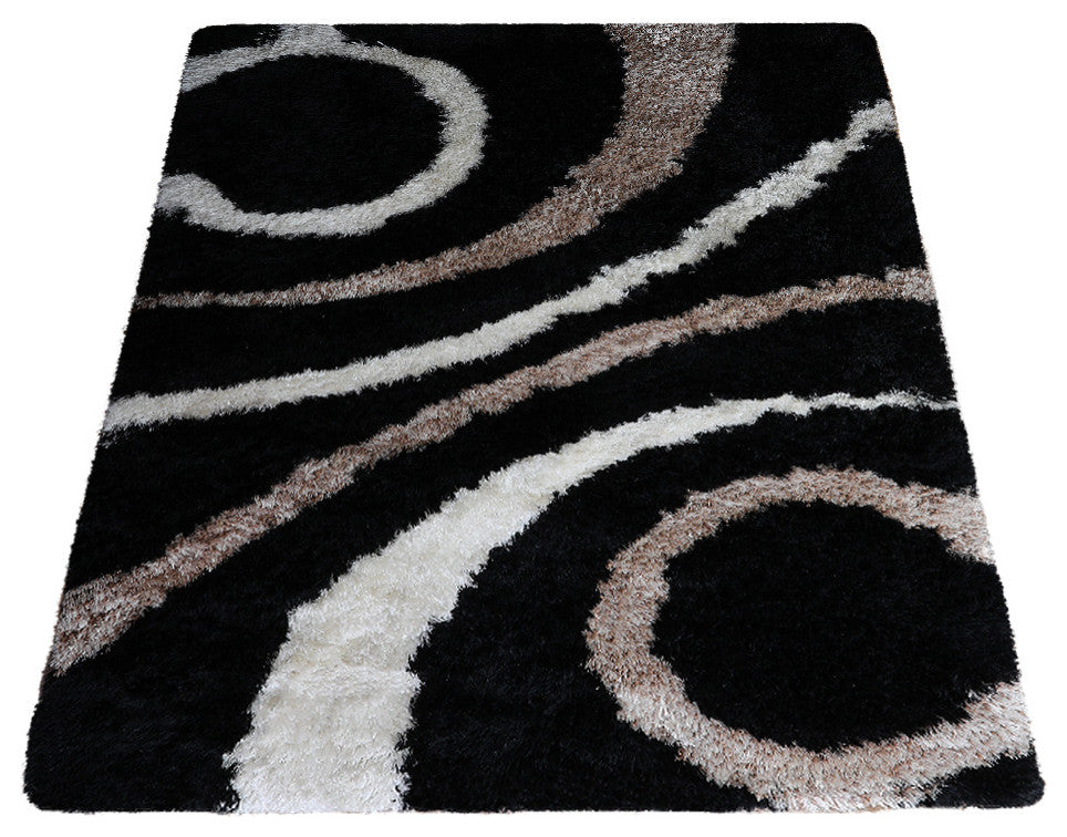 Hand Tufted Shag Polyester Area Rug Geometric Black, [Rectangle] 10'x13'