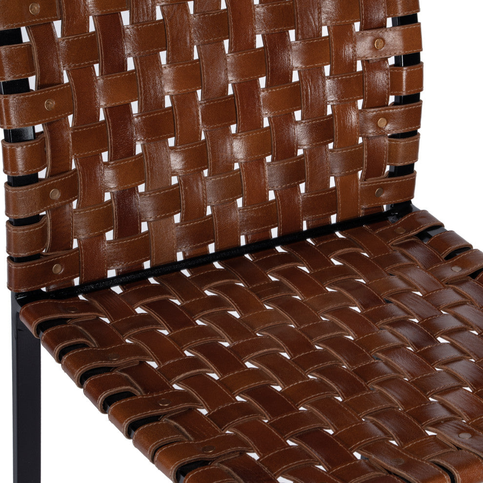 Urban Woven Genuine Leather Rectangular  28" Barstool, Brown