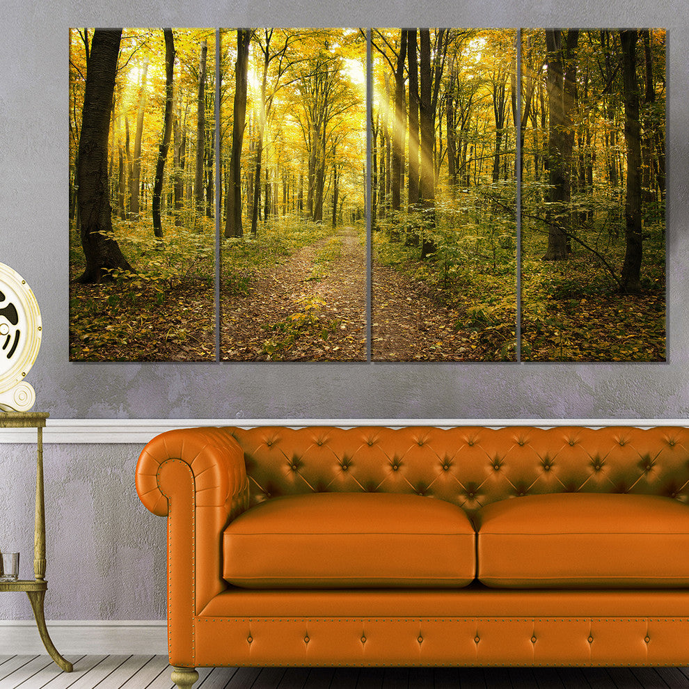 Sunset in Green Autumn Forest, Modern Forest Canvas Art, 48"x28", 4 Panels