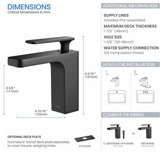 Infinity Single Handle Bathroom Faucet KBF1006, Matte Black, W/O Drain