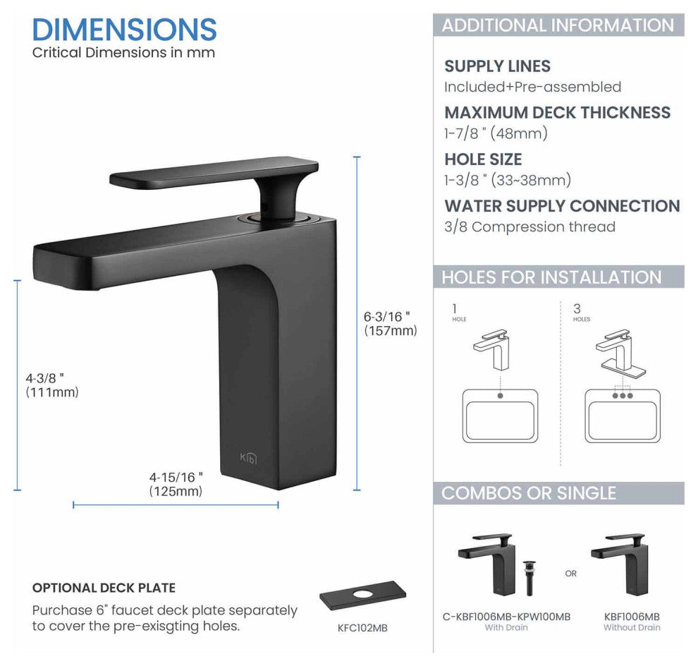 Infinity Single Handle Bathroom Faucet KBF1006, Matte Black, W/O Drain