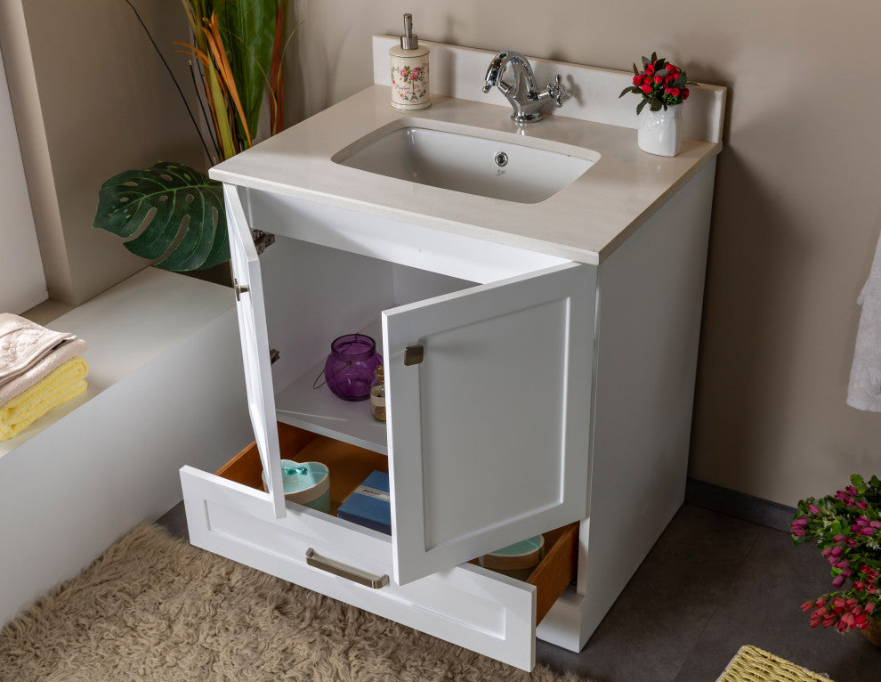 Livia Collection 30" Bath Vanity Quartz Top and Ceramic Sink, White, 30"