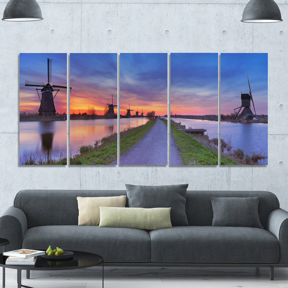 Windmills Morning Panorama, Abstract Canvas Art Print, 60"x28", 5 Panels