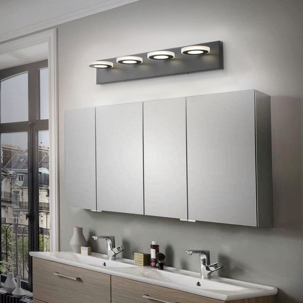 Dimmable 4-Light Round LED Vanity Lighting Fixture for Bathroom Mirror, Black