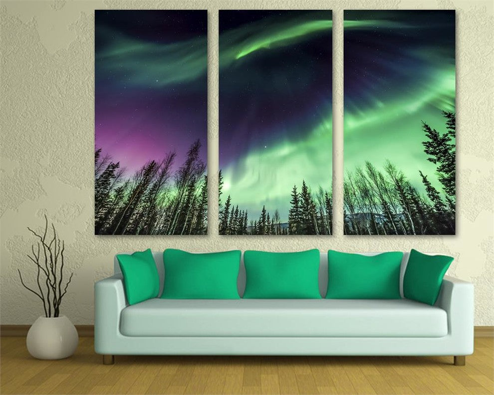 Aurora Borealis, Northern Lights, 3-Panel Canvas Print Wall Art, 45"x30"