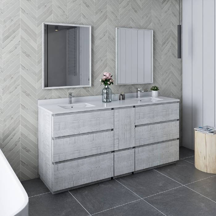 Fresca Formosa Modern 72" Rustic White Double Sink Vanity Set, Faucet Fft9161bn